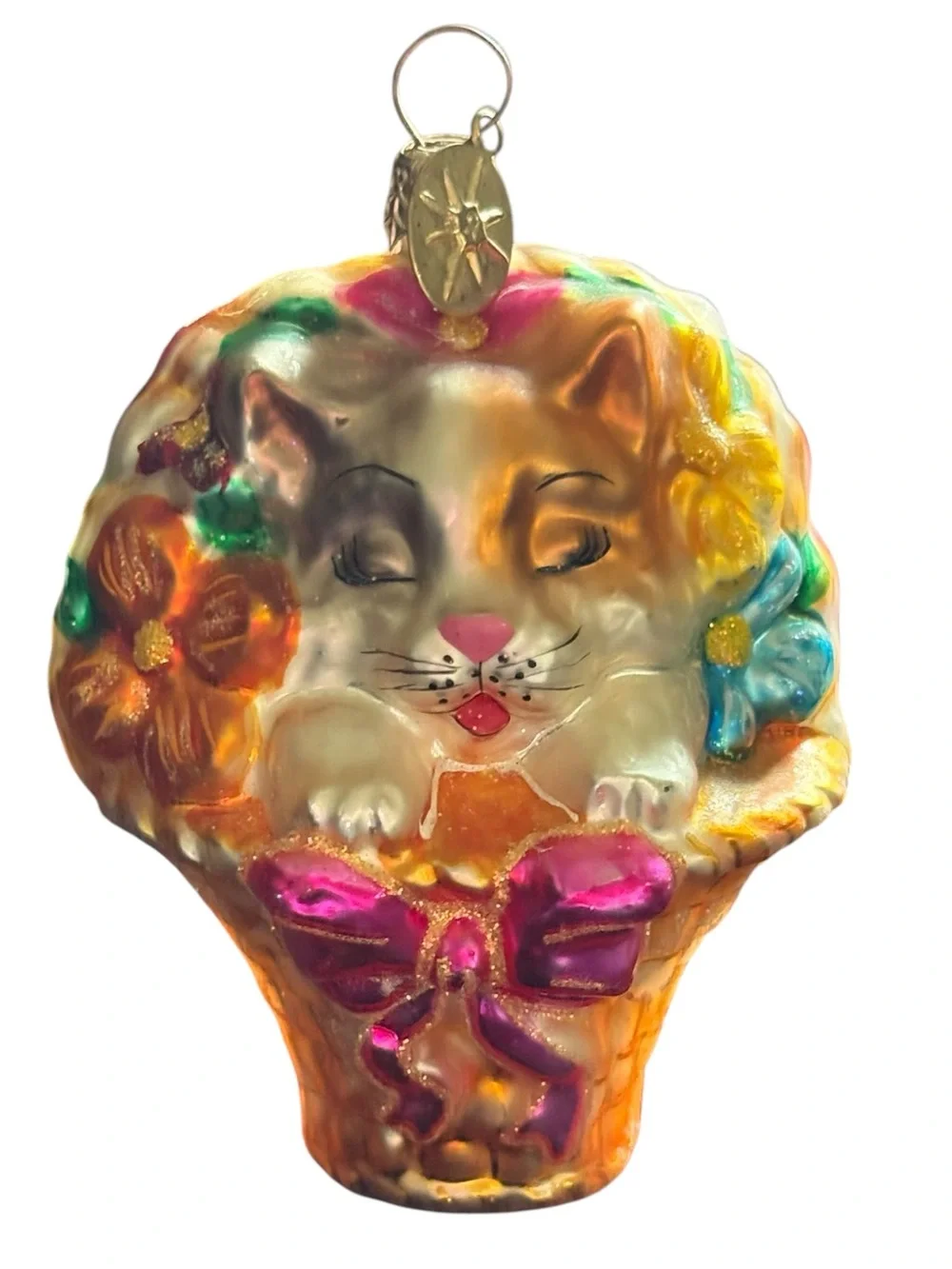 Christopher Radko Glass Ornament Kitty Cat and Flower Basket Retired 2002